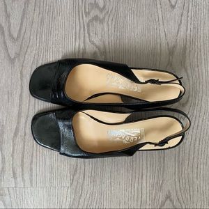 Salvatore Ferragamo Black Patent Leather Sandals Kitten Heel